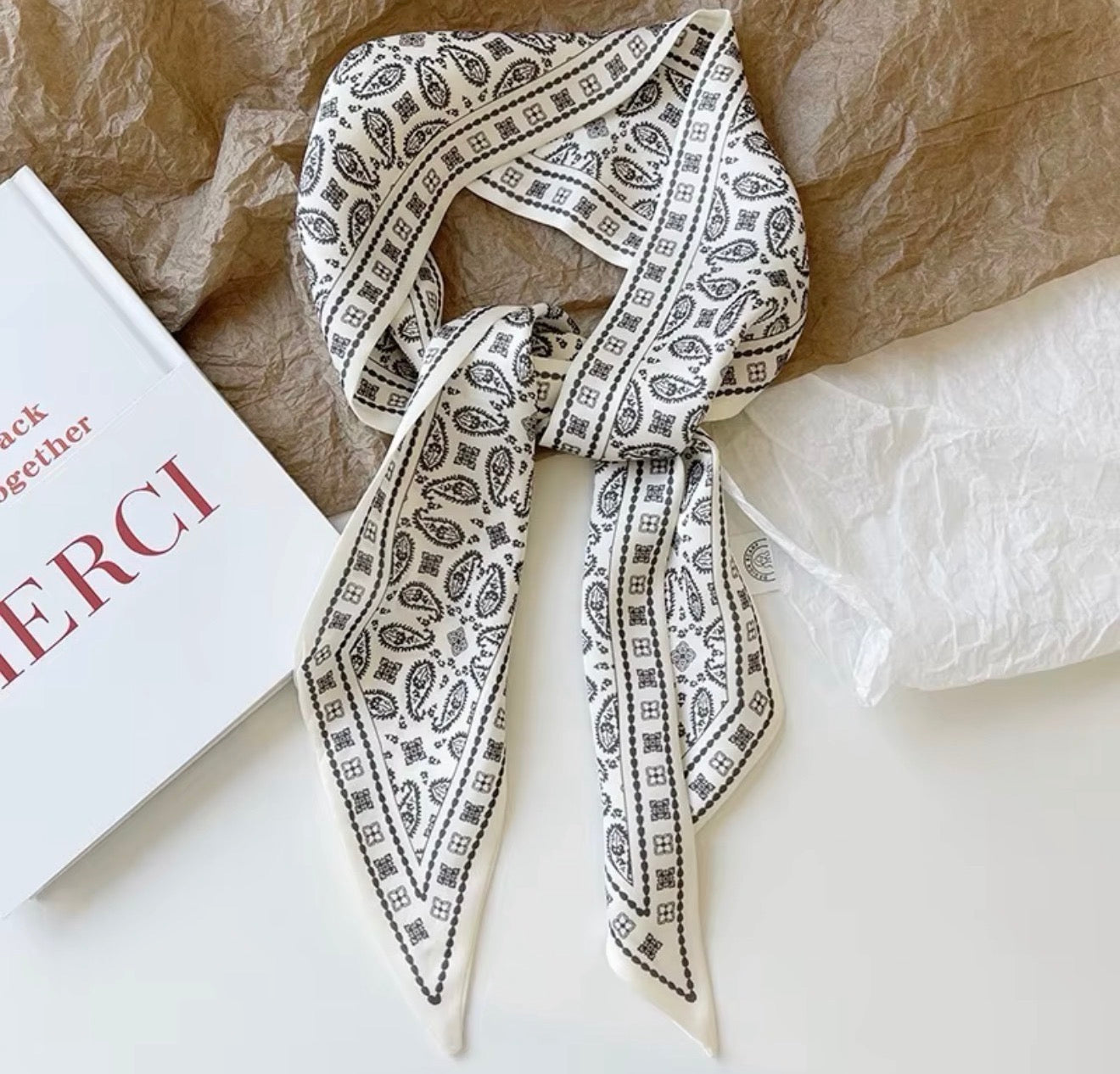 Ivory Satin Paisley Print Twilly Scarf
