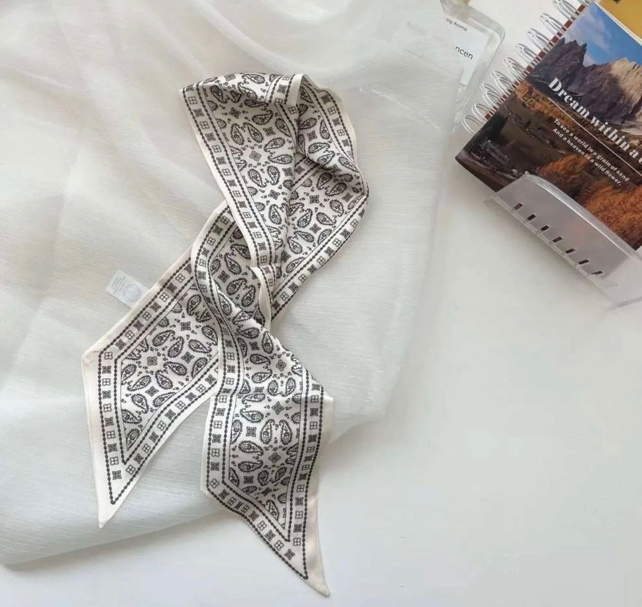Ivory Satin Paisley Print Twilly Scarf