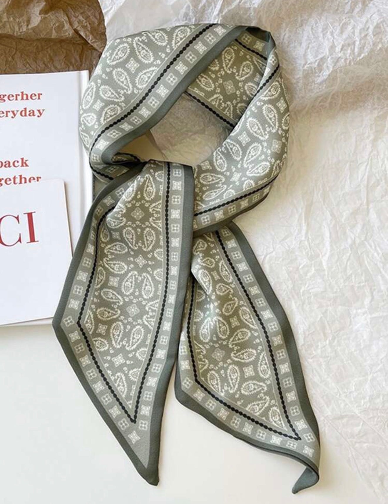 Green Satin Paisley Print Twilly Scarf