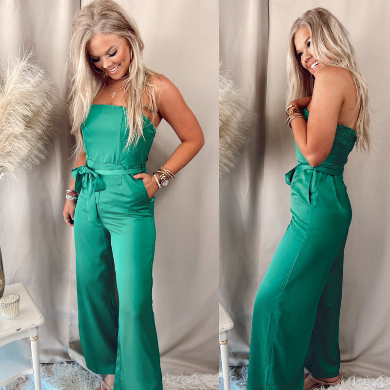Guest Of Honor Strapless Satin Jumpsuit- Kelly Green