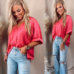Audrina V-Neck High Low Blouse- Hot Pink