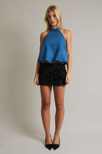 Blue Suede Hues Halter Bubble Hem Blouse