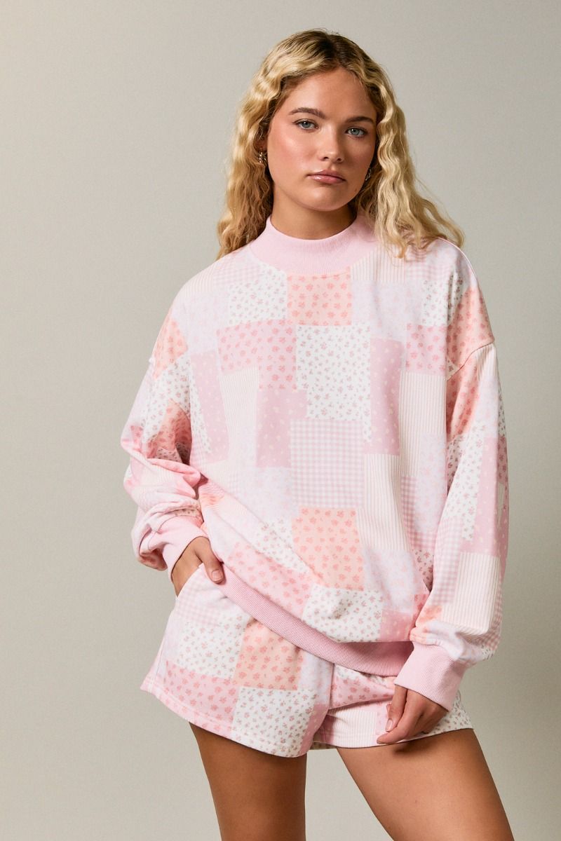 Preppy In Patchwork Printed Mock Neck Sweatshirt
