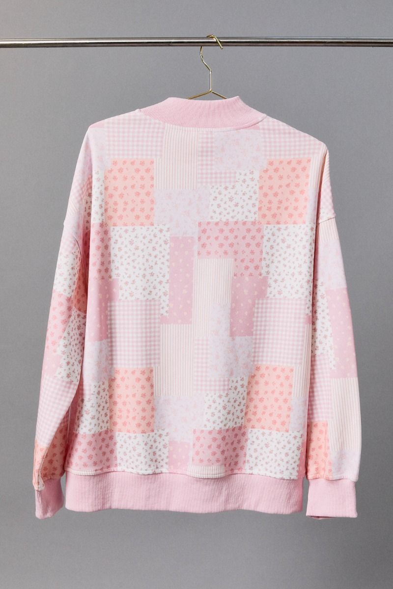 Preppy In Patchwork Printed Mock Neck Sweatshirt
