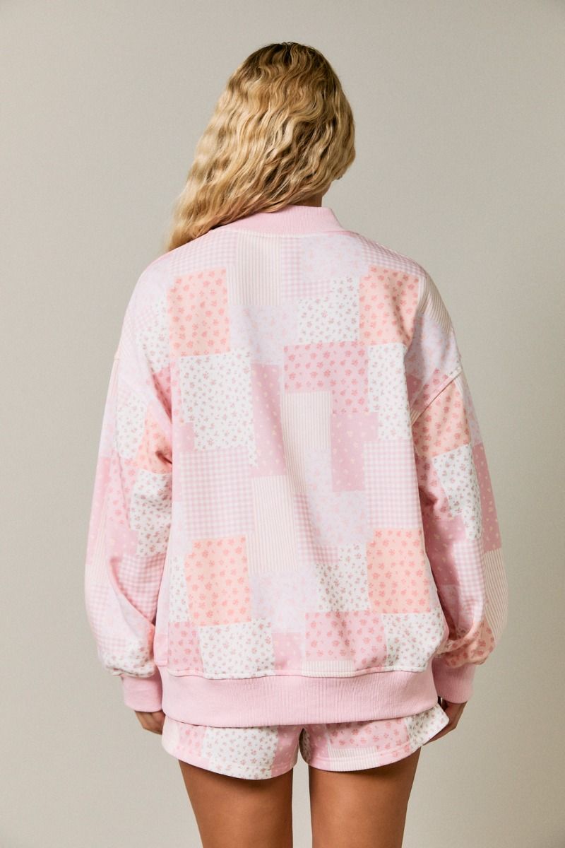 Preppy In Patchwork Printed Mock Neck Sweatshirt