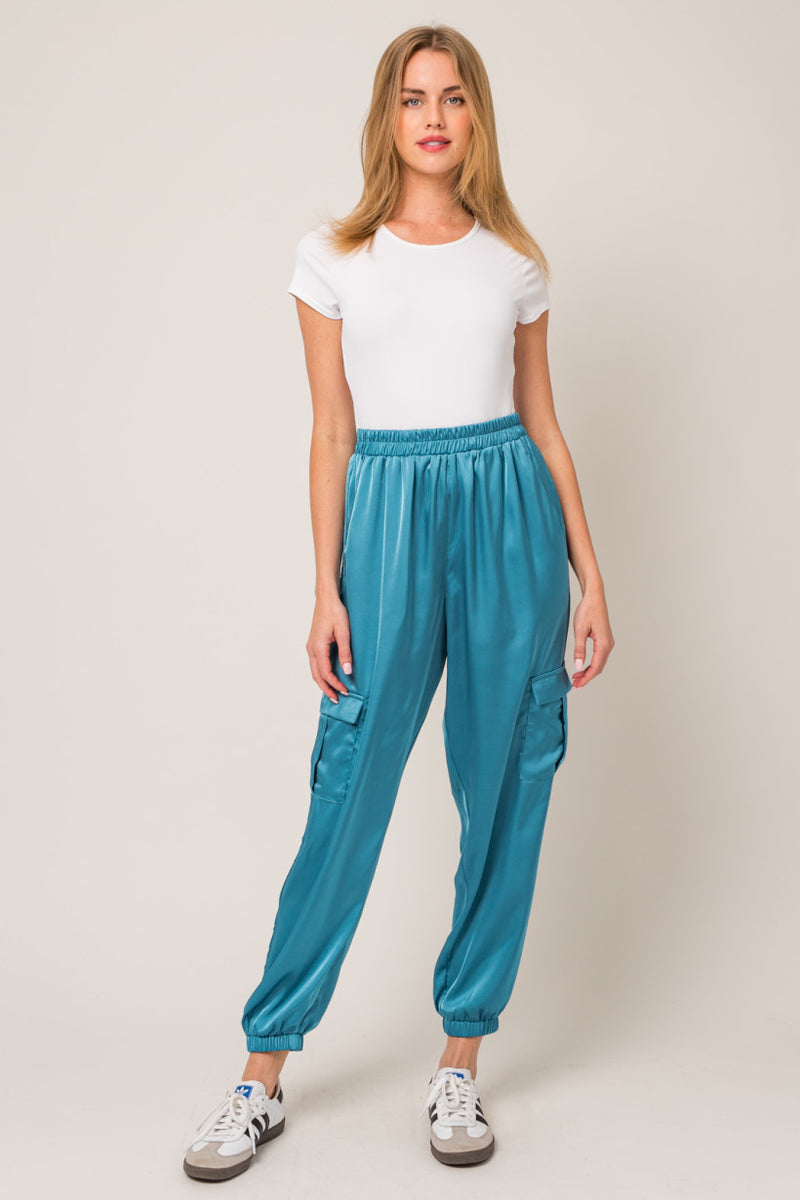 Upscale Satin Cargo Pants - Teal