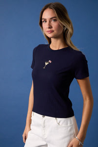 Liberty Lounge Embroidered Ribbed Baby Tee - Navy