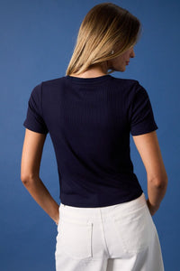 Liberty Lounge Embroidered Ribbed Baby Tee - Navy