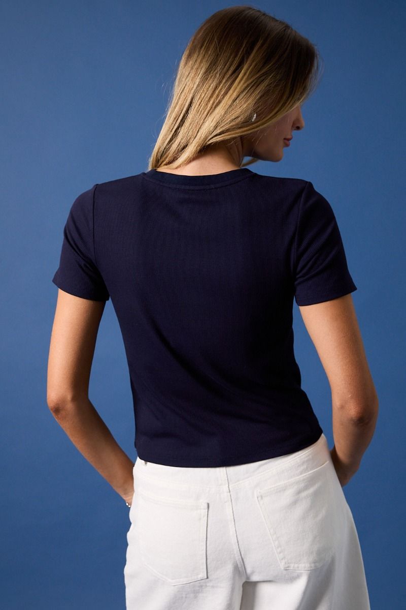Liberty Lounge Embroidered Ribbed Baby Tee - Navy