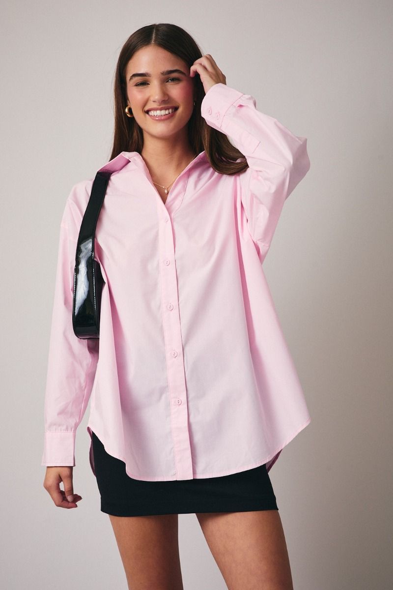 Blushing Tide Oversized Button Up Long Sleeve Top - Baby Pink