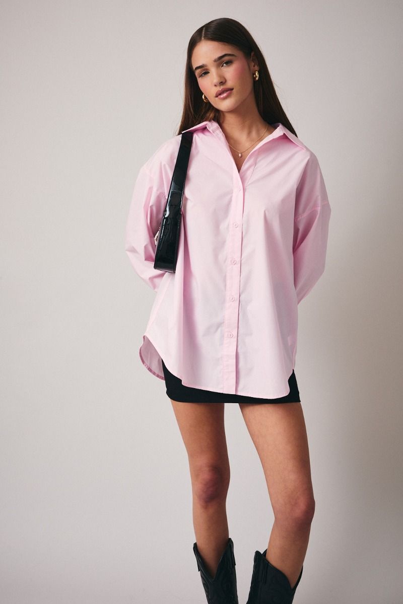 Blushing Tide Oversized Button Up Long Sleeve Top - Baby Pink