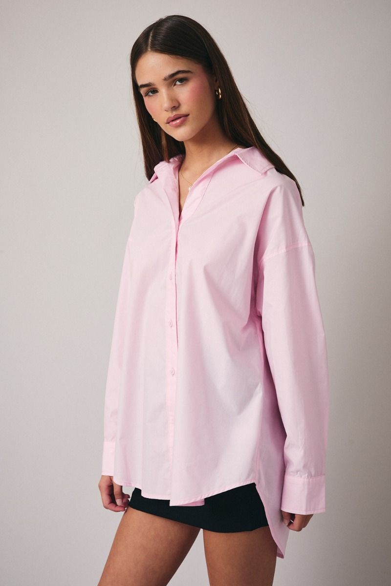 Blushing Tide Oversized Button Up Long Sleeve Top - Baby Pink