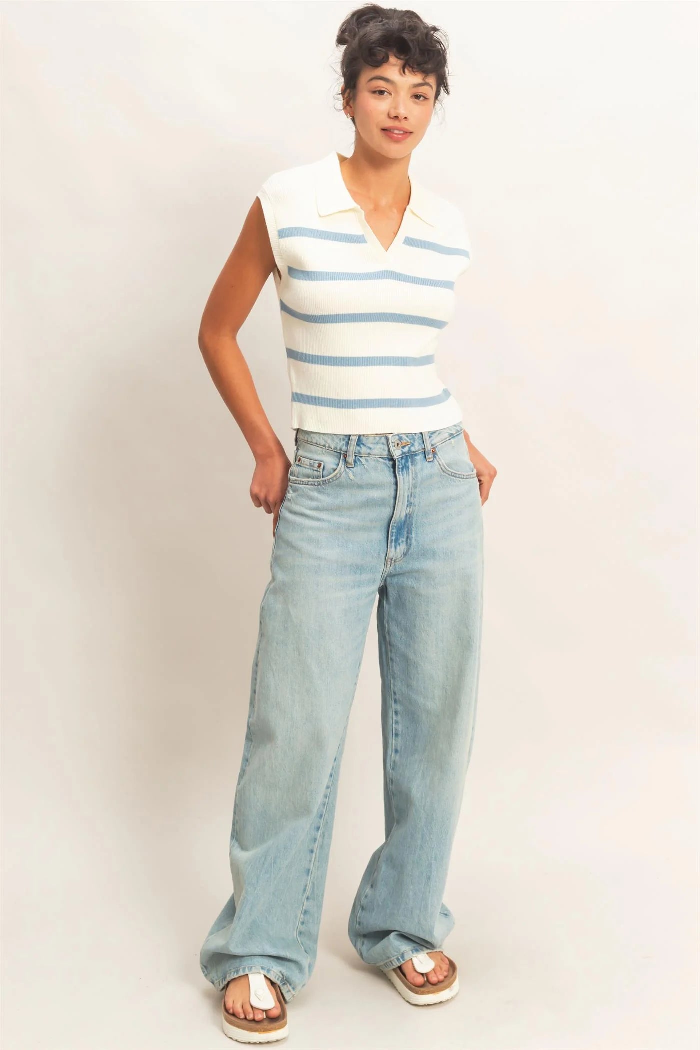 Capri Collared Knit Striped Vest - Baby Blue