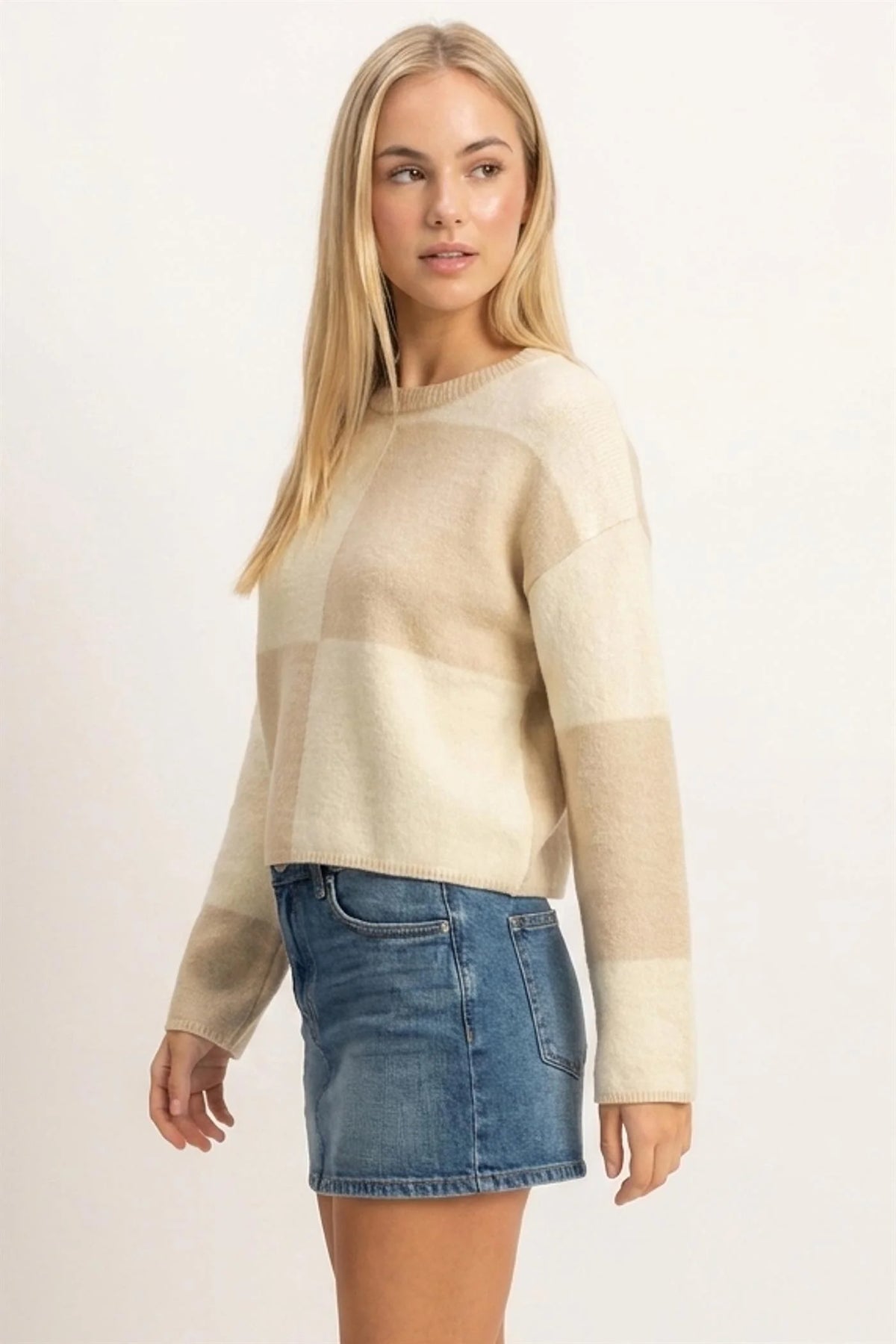 Cashmere Dreams Checkered Knit Sweater - Beige