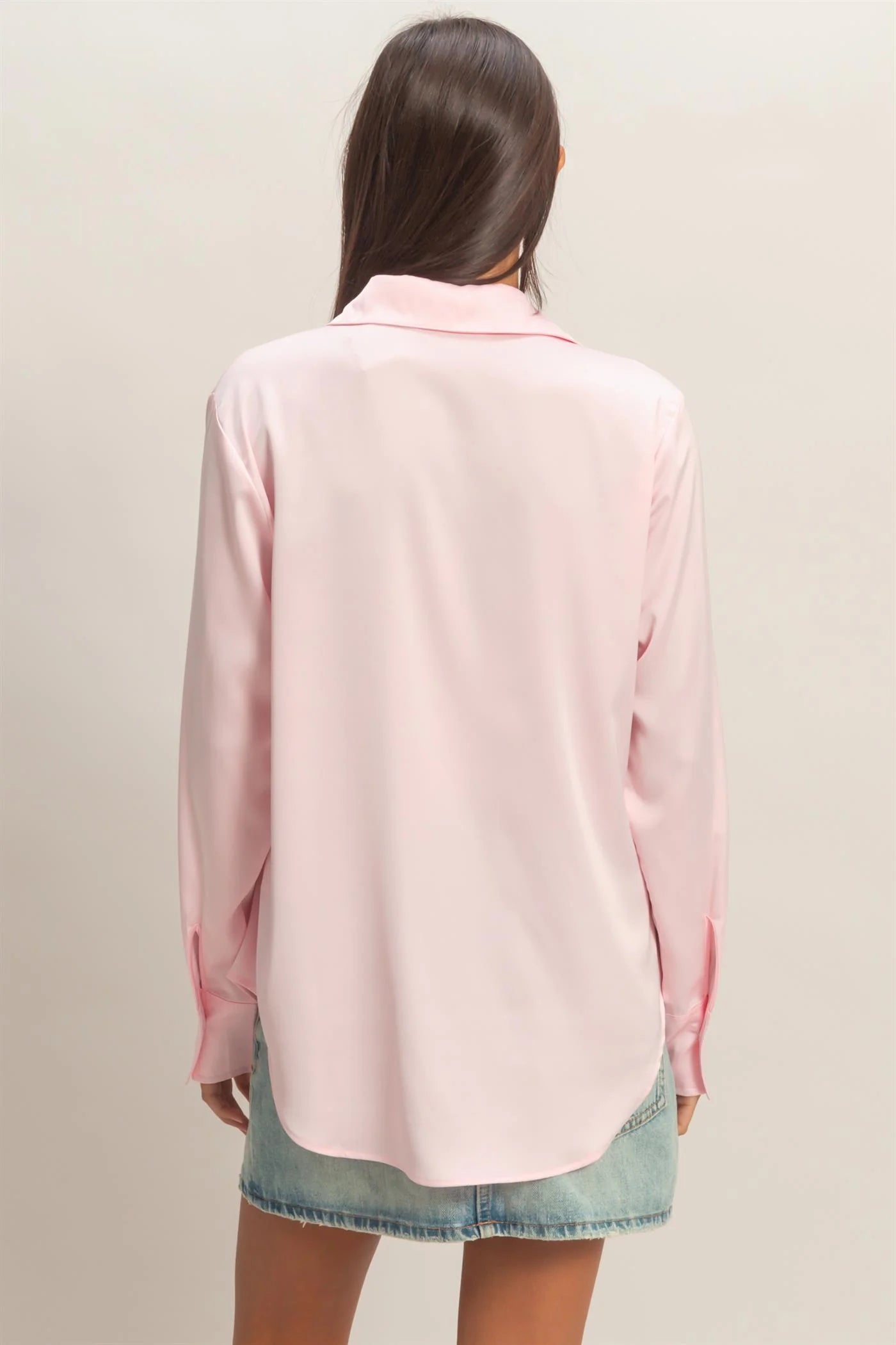 Soft Promise Satin Long Sleeve Button Up Top - Soft Pink