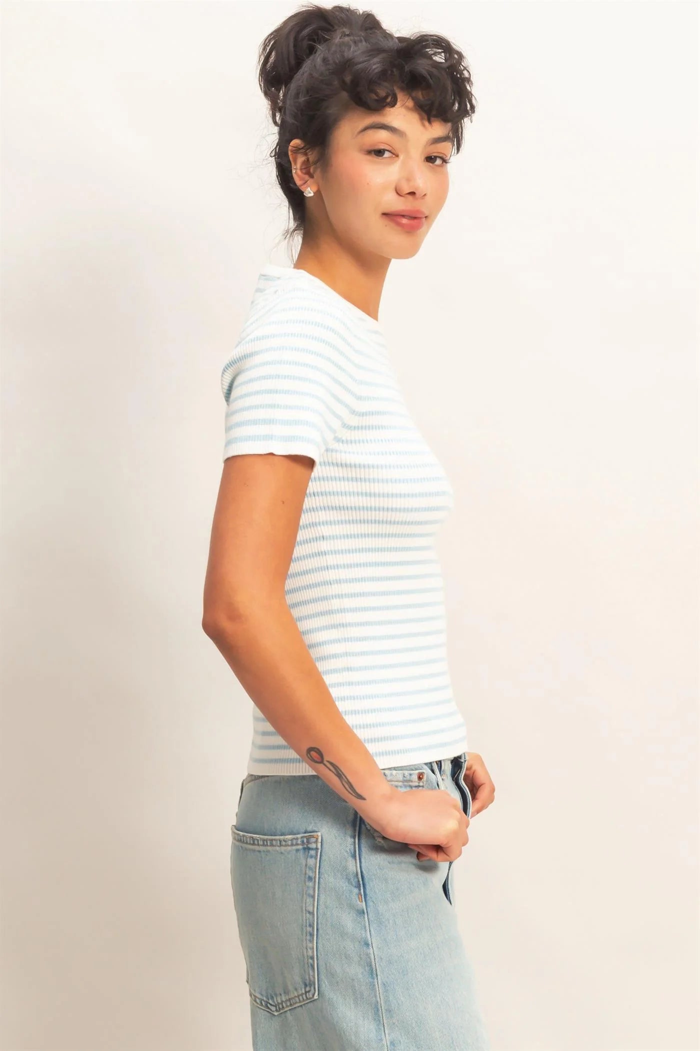 Barely Blue Striped Ribbed Short Sleeve Crew Neck Top - Blue