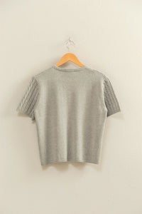 Charleston Chic Cable Knit Short Sleeve Sweater Top - Grey