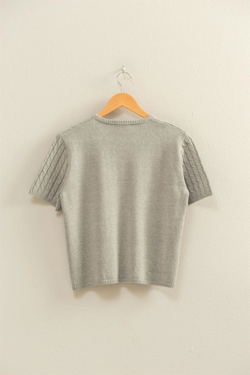 Charleston Chic Cable Knit Short Sleeve Sweater Top - Grey