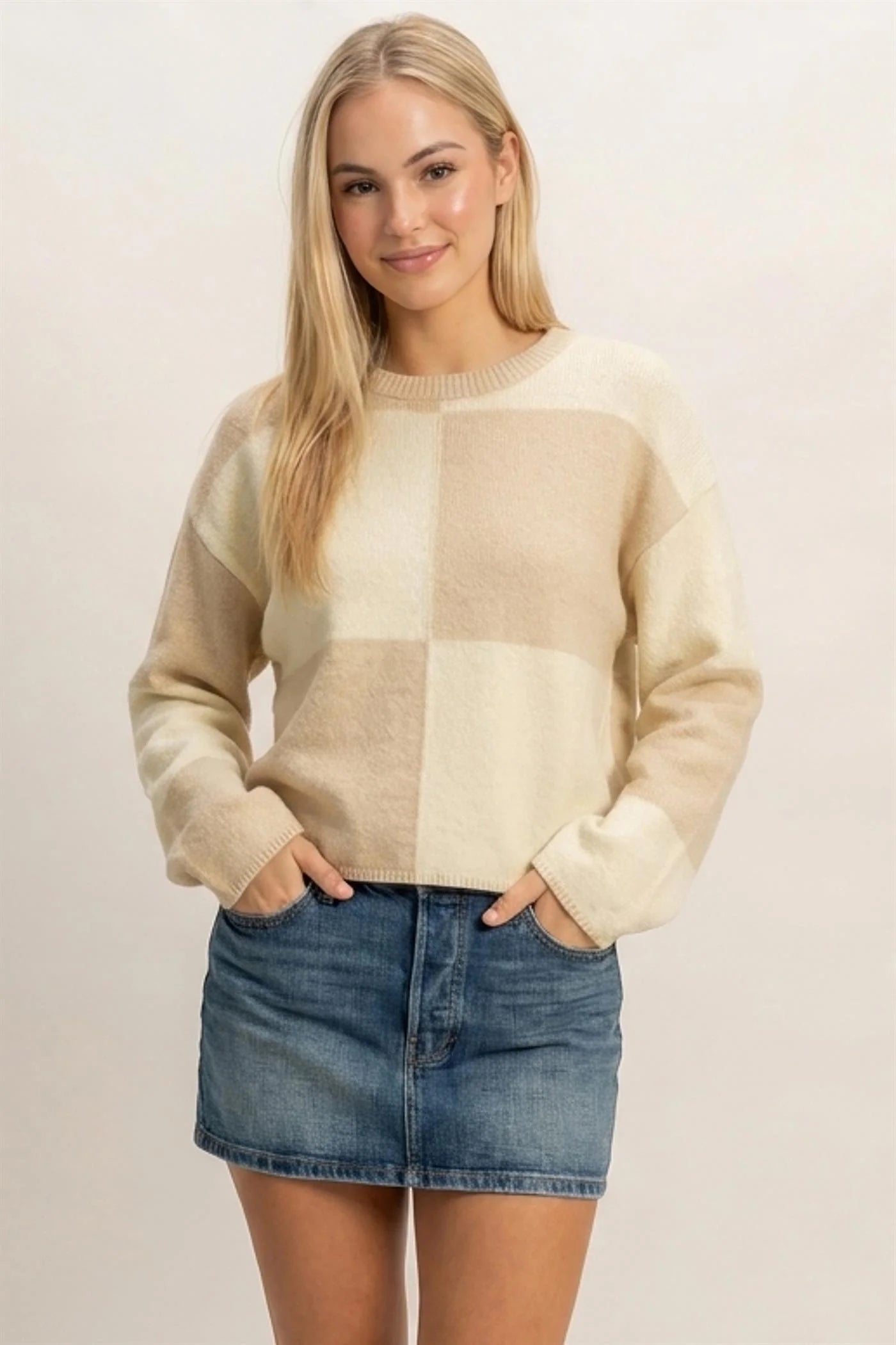 Cashmere Dreams Checkered Knit Sweater - Beige