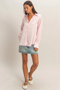 Soft Promise Satin Long Sleeve Button Up Top - Soft Pink