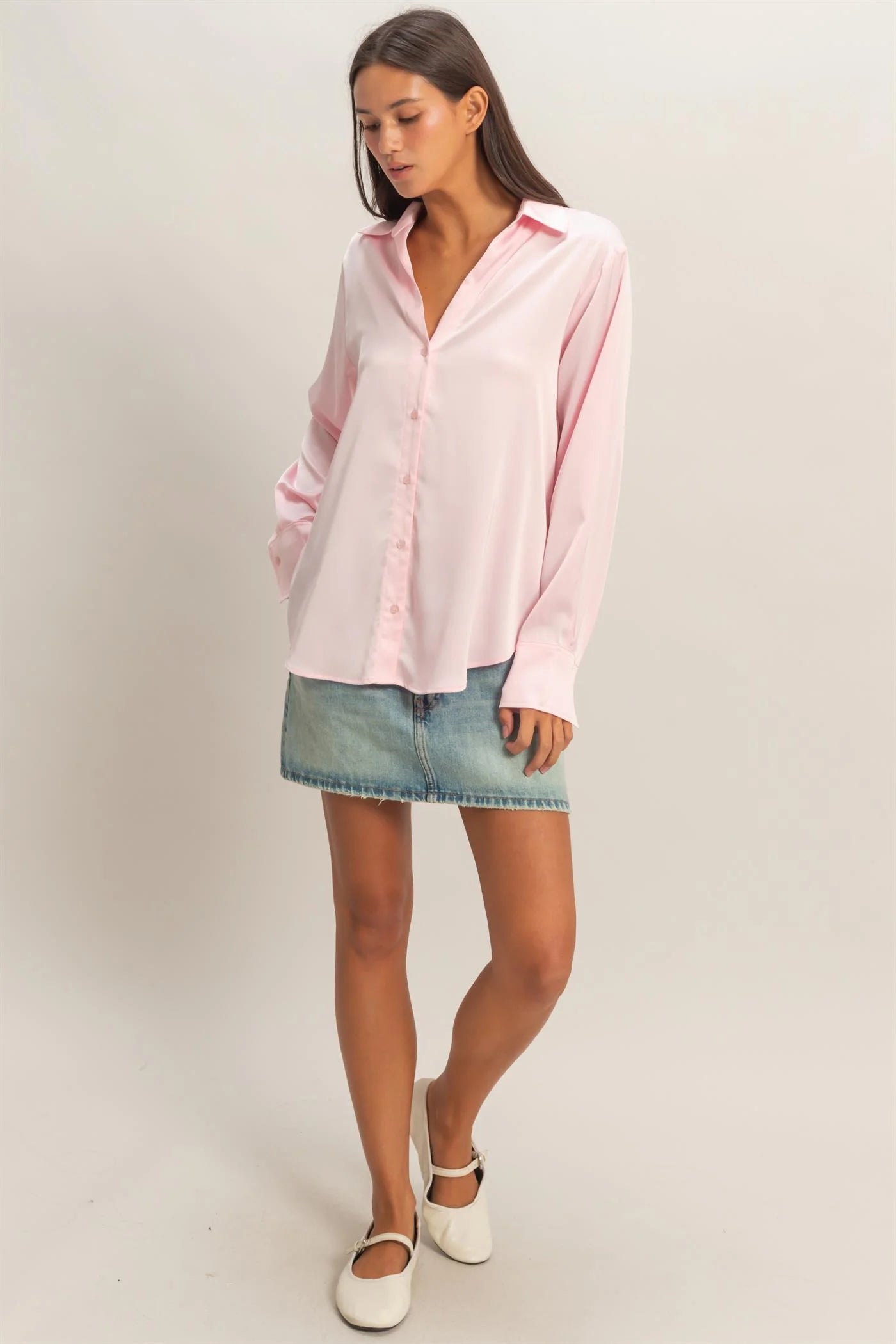 Soft Promise Satin Long Sleeve Button Up Top - Soft Pink