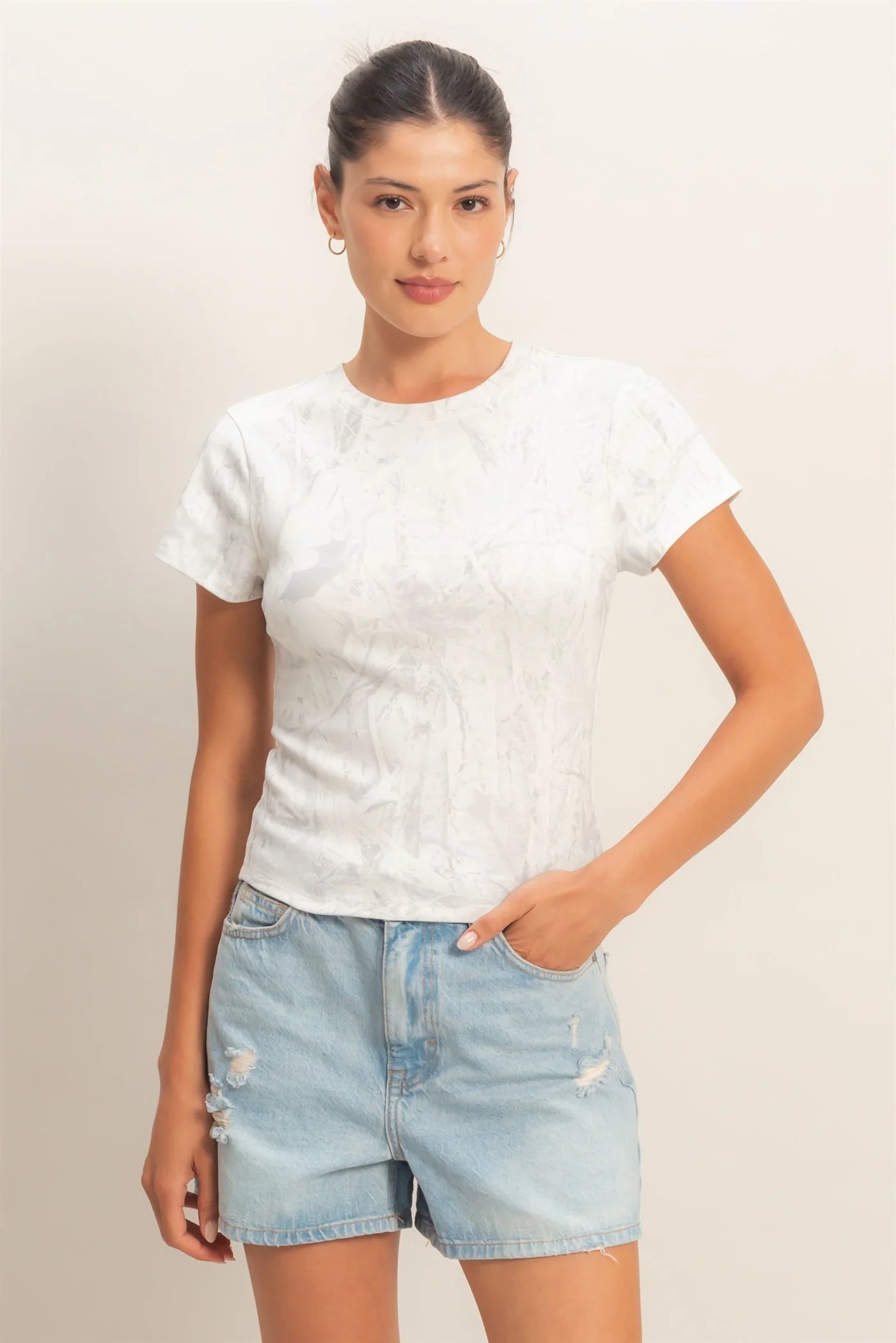 Silver Shaded Scenery Camo Printed Crewneck Short Sleeve Top