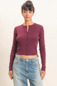 Wine & Dine Button Up Knit Long Sleeve Top - Dark Cherry