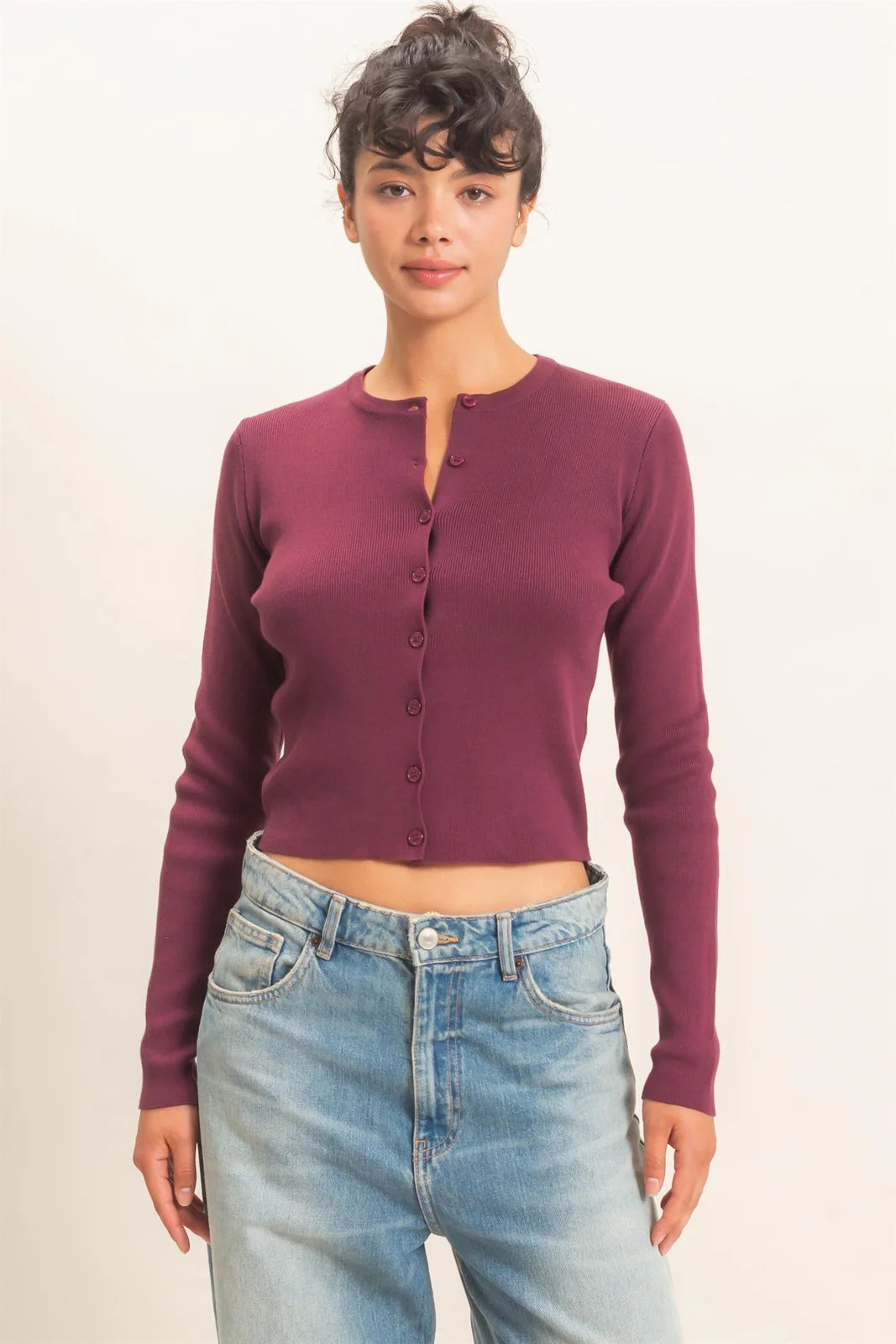 Wine & Dine Button Up Knit Long Sleeve Top - Dark Cherry