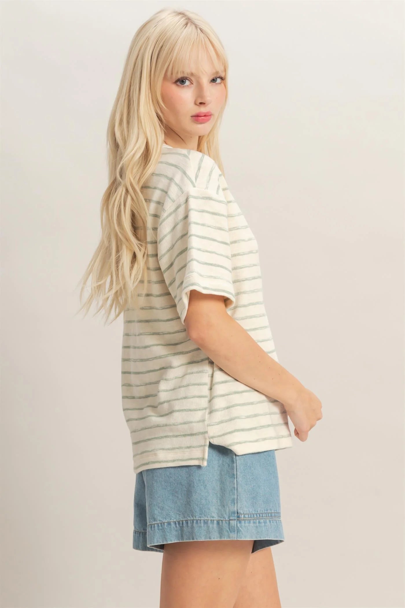 Soft Current Striped Henley Short Sleeve Top - Sage Green