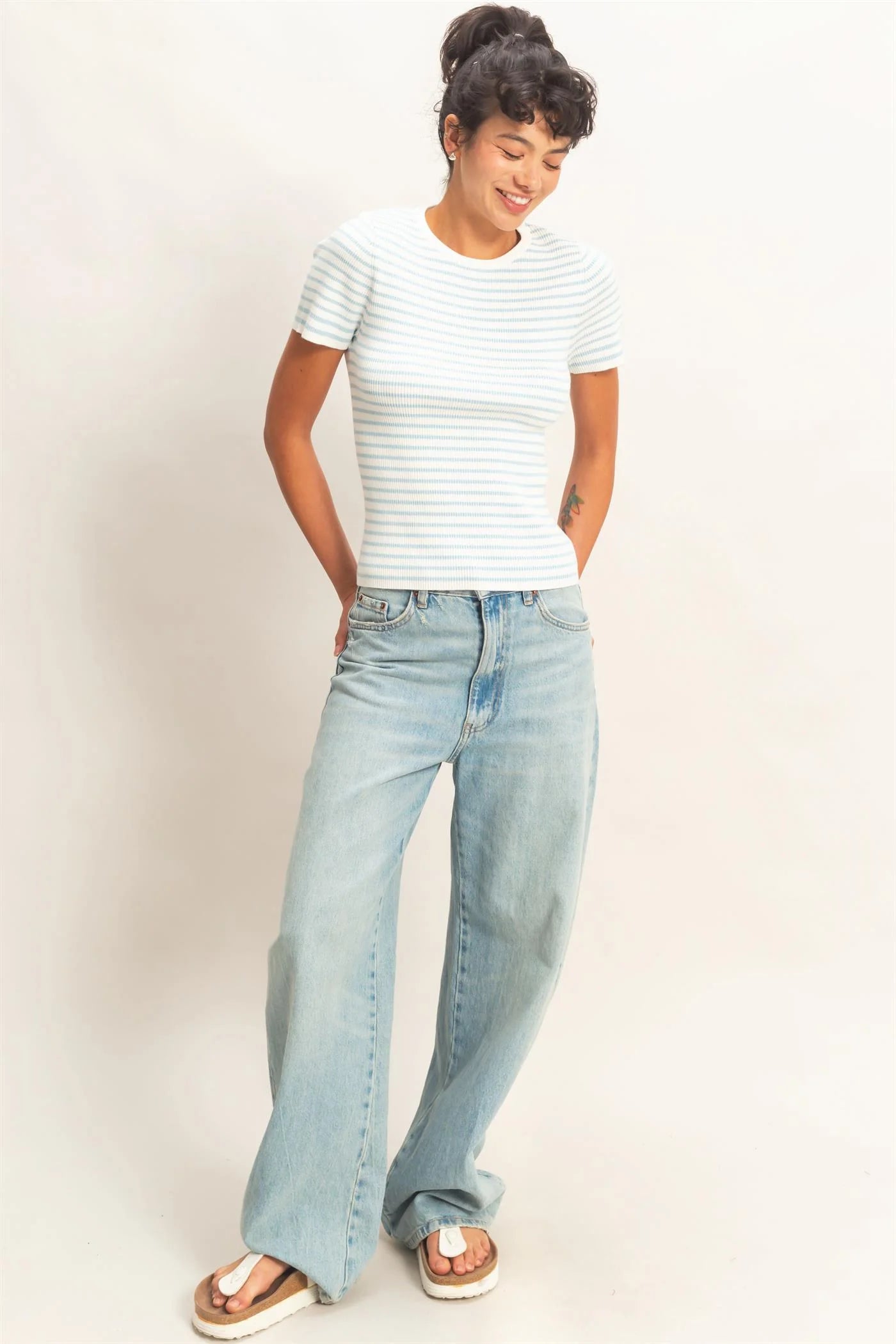 Barely Blue Striped Ribbed Short Sleeve Crew Neck Top - Blue