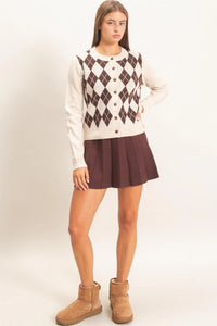 Old School Charm Argyle Knit Sweater / Cardigan - Oatmeal