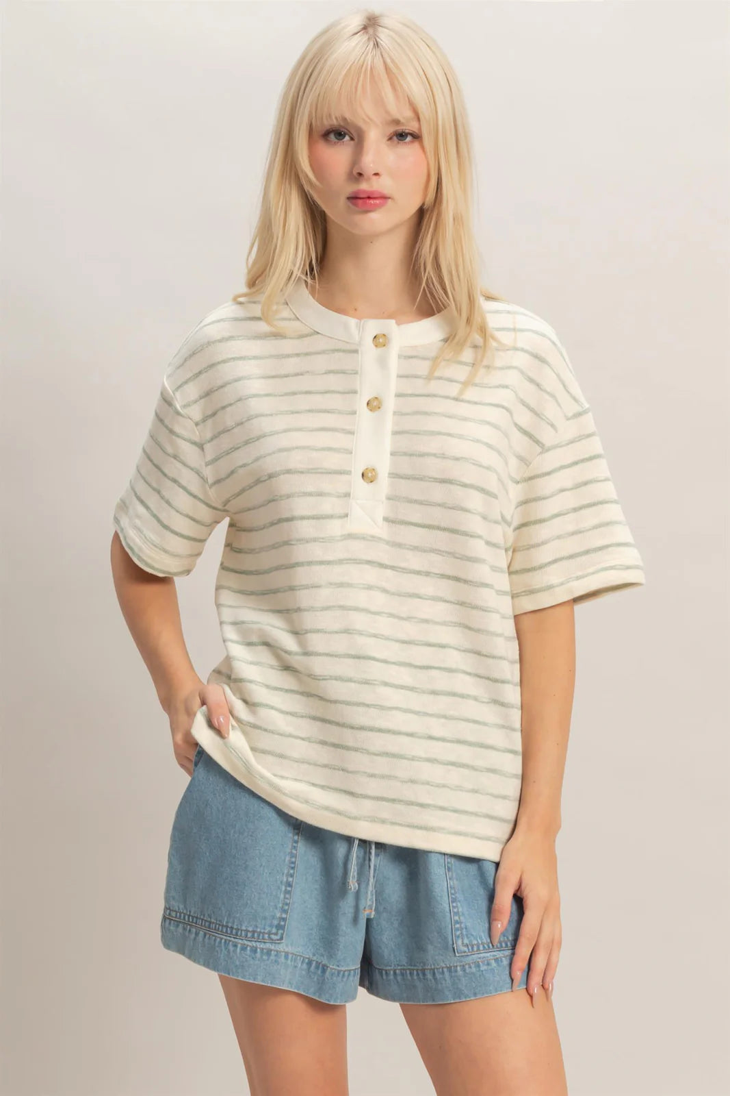 Soft Current Striped Henley Short Sleeve Top - Sage Green