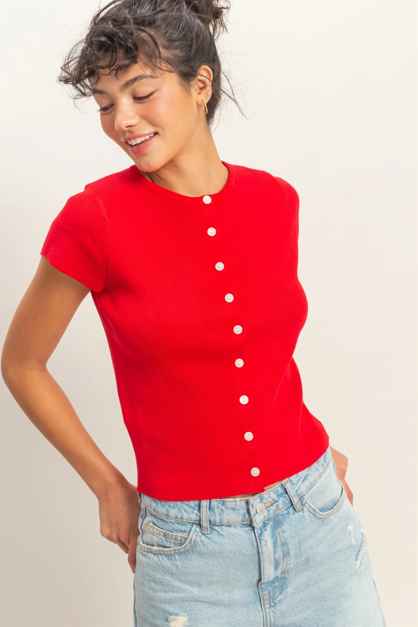 Cherry Pop Ribbed Button Up Top - Red
