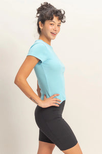 Minimal Chic Ribbed Crew Neck Basic Tee - Blue