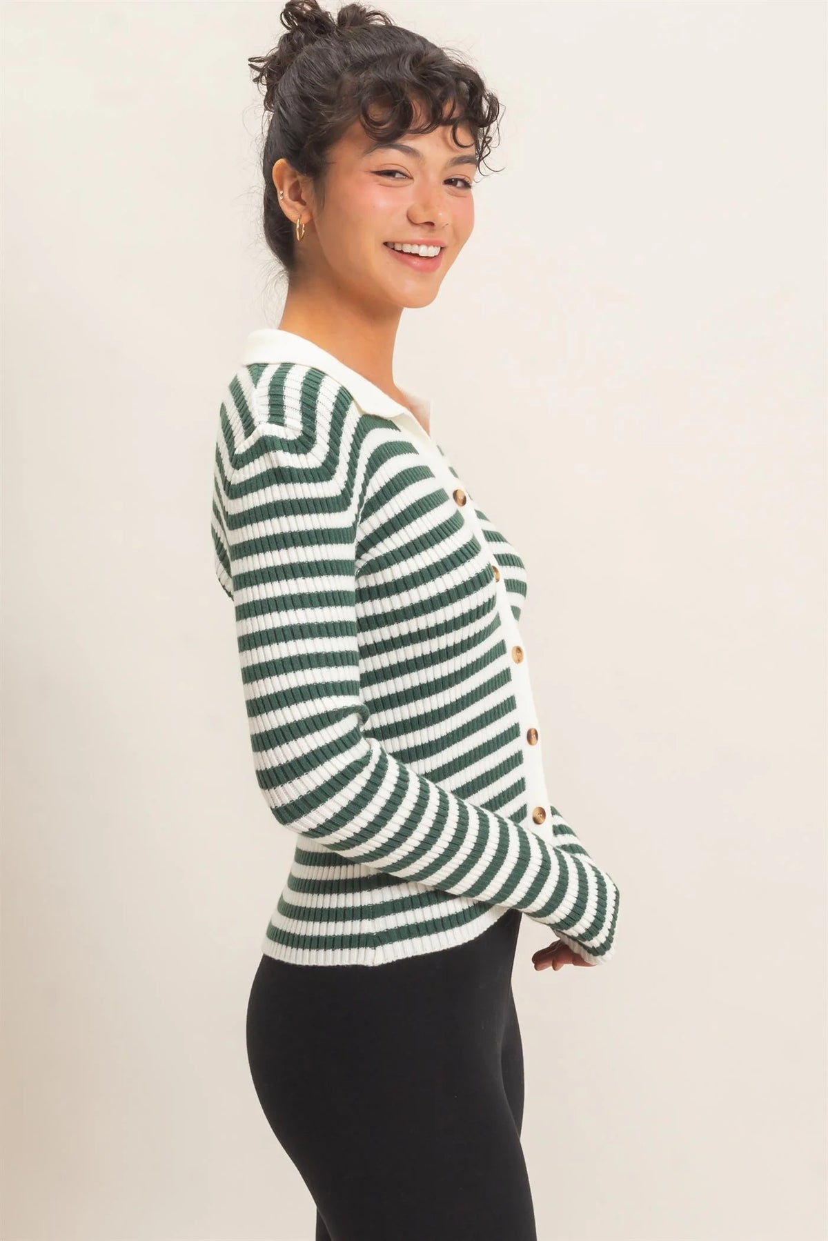 Classic Club Ribbed Striped Polo Knit Top - Dark Green