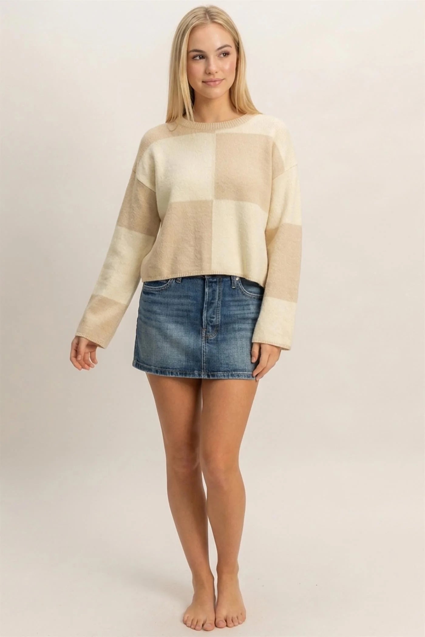 Cashmere Dreams Checkered Knit Sweater - Beige