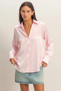 Soft Promise Satin Long Sleeve Button Up Top - Soft Pink