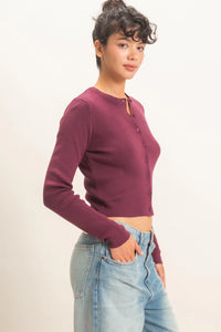 Wine & Dine Button Up Knit Long Sleeve Top - Dark Cherry