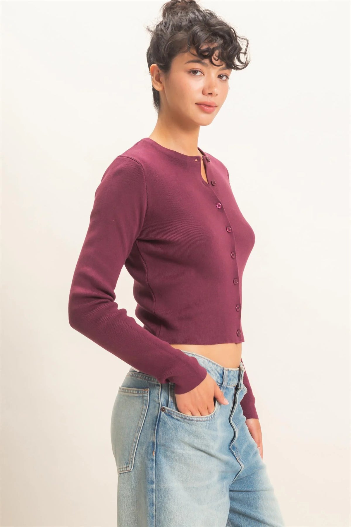 Wine & Dine Button Up Knit Long Sleeve Top - Dark Cherry