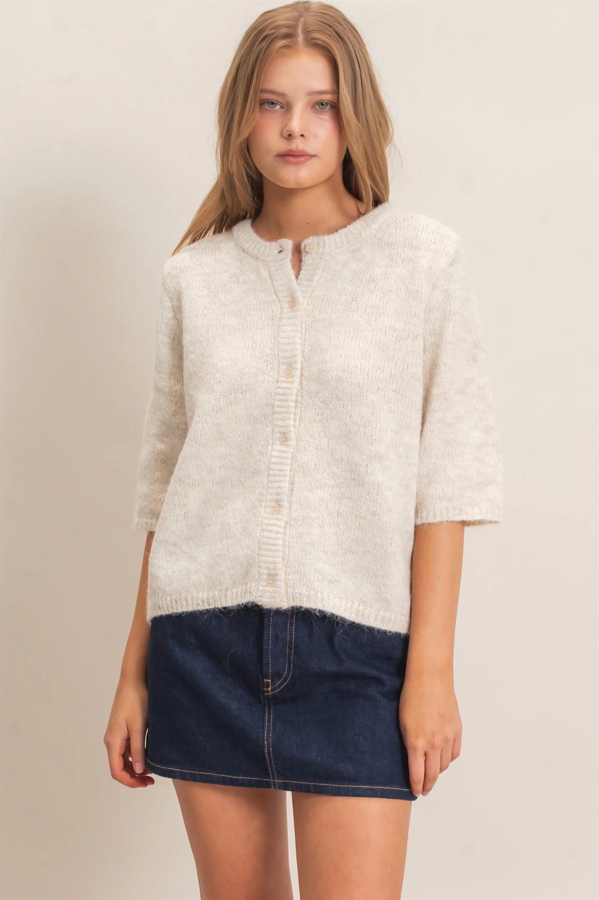 Penny Button Up Knit Sweater Top - Oatmeal