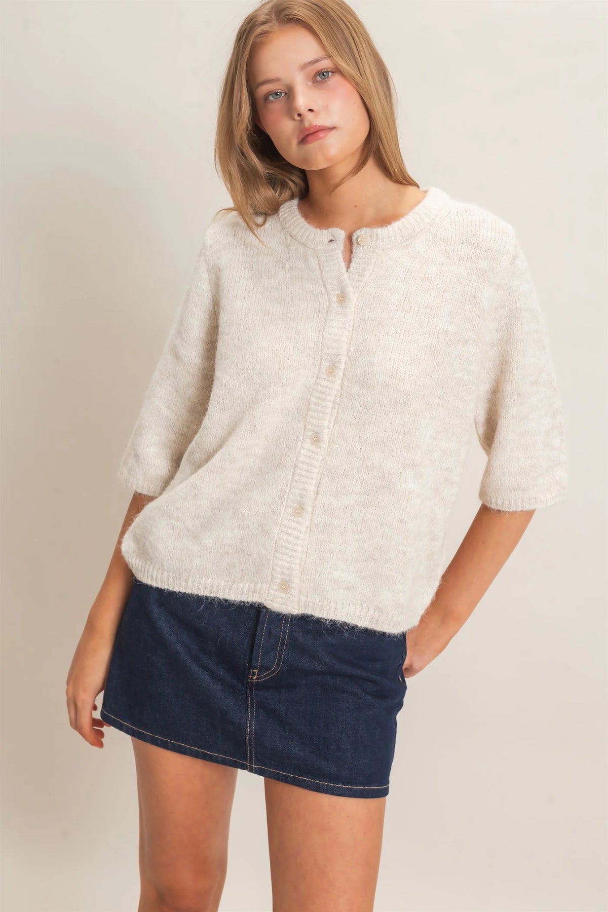 Penny Button Up Knit Sweater Top - Oatmeal