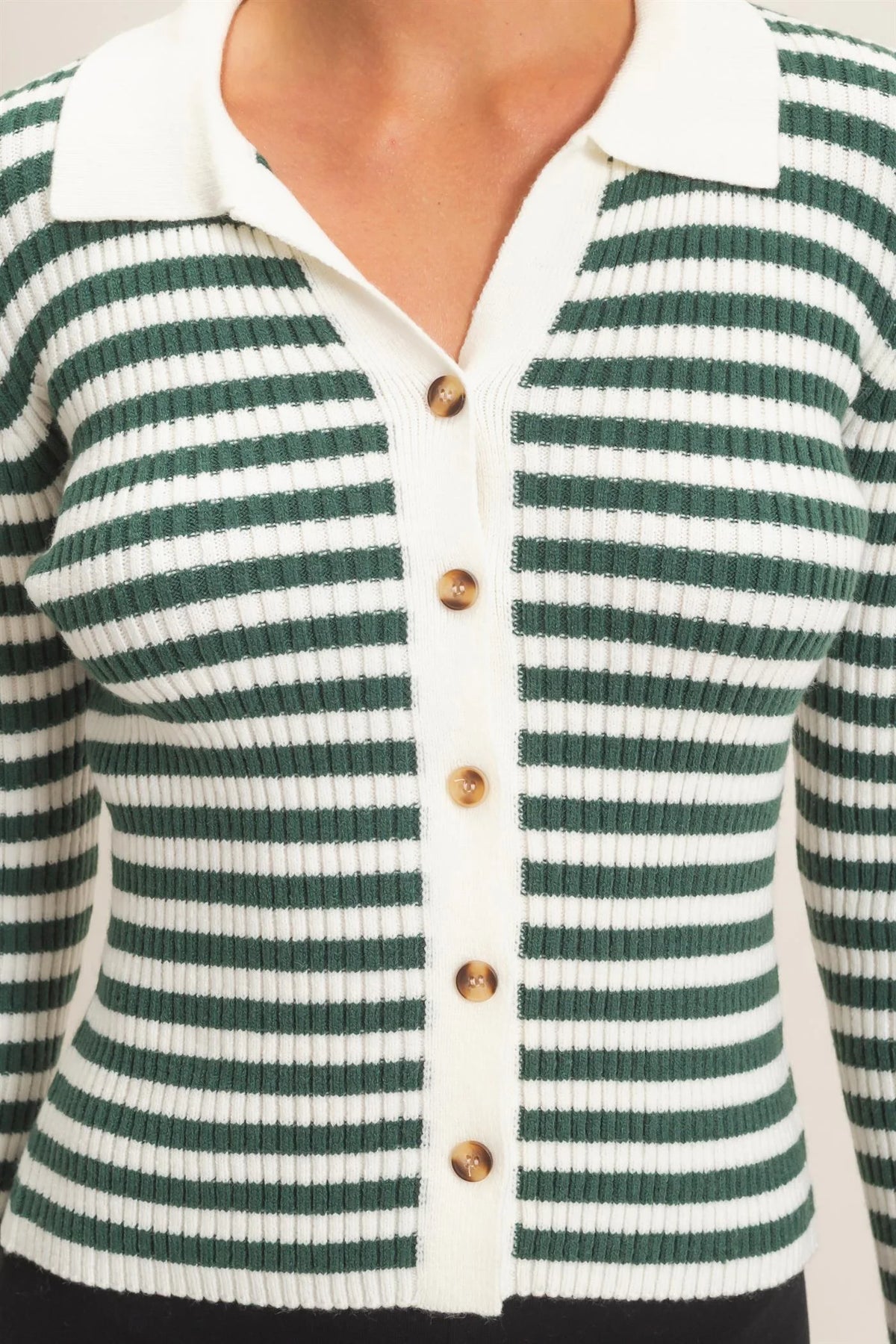 Classic Club Ribbed Striped Polo Knit Top - Dark Green