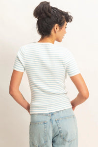 Barely Blue Striped Ribbed Short Sleeve Crew Neck Top - Blue