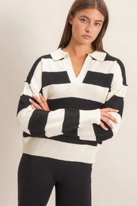 Varsity Collared Striped Knit Sweater Top - Cream/Black