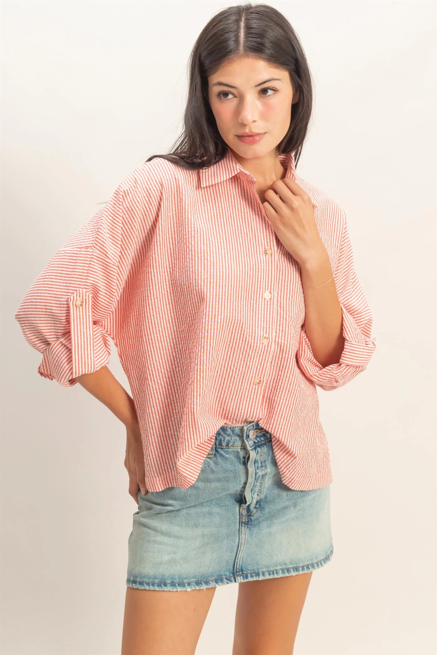Fine Line Striped Button Down Top - Red
