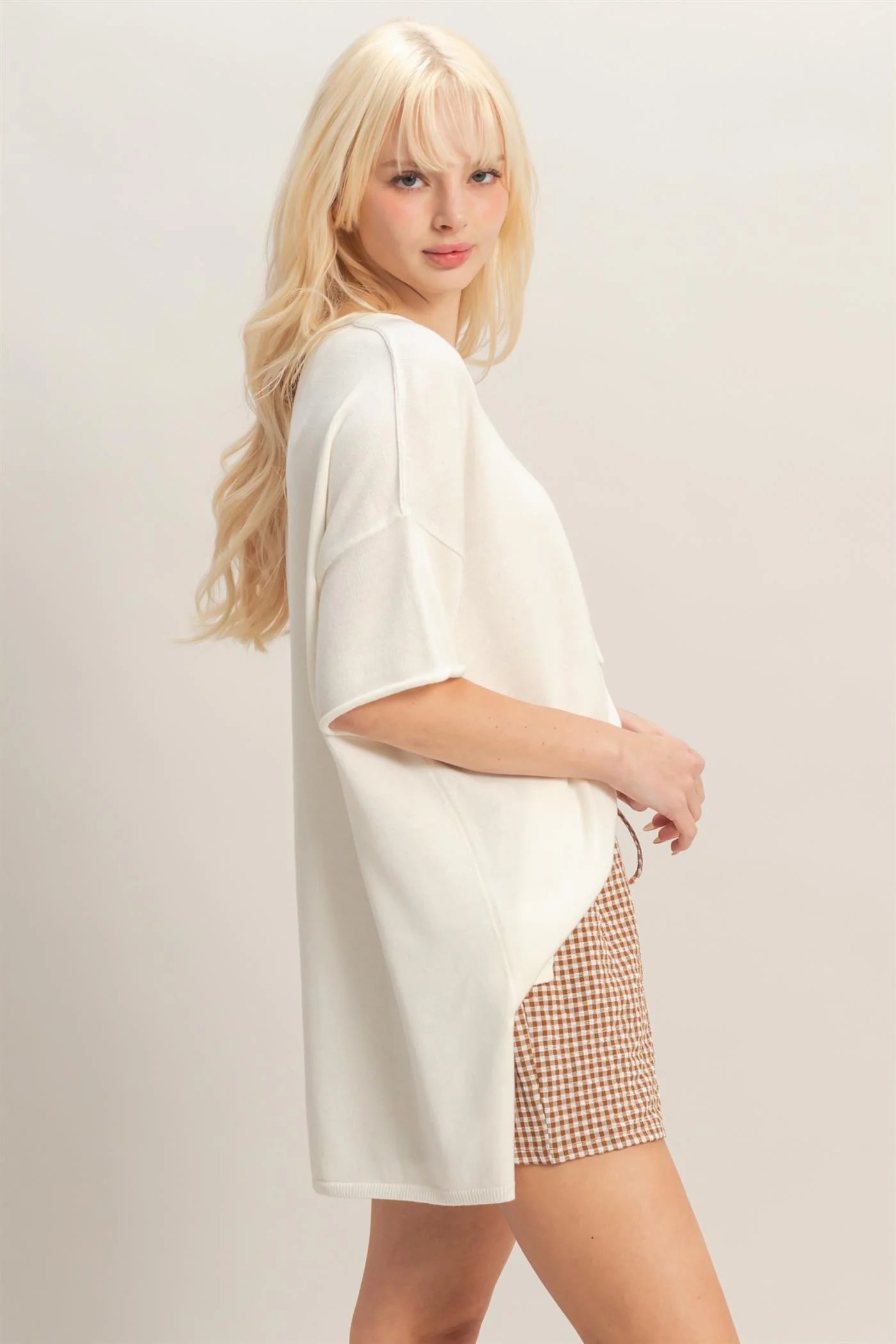Gentle Breeze Oversized Knit Top w/ Side Slits - Whip Cream