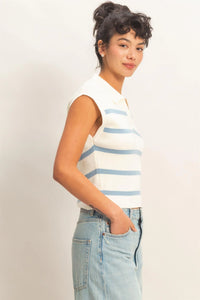Capri Collared Knit Striped Vest - Baby Blue