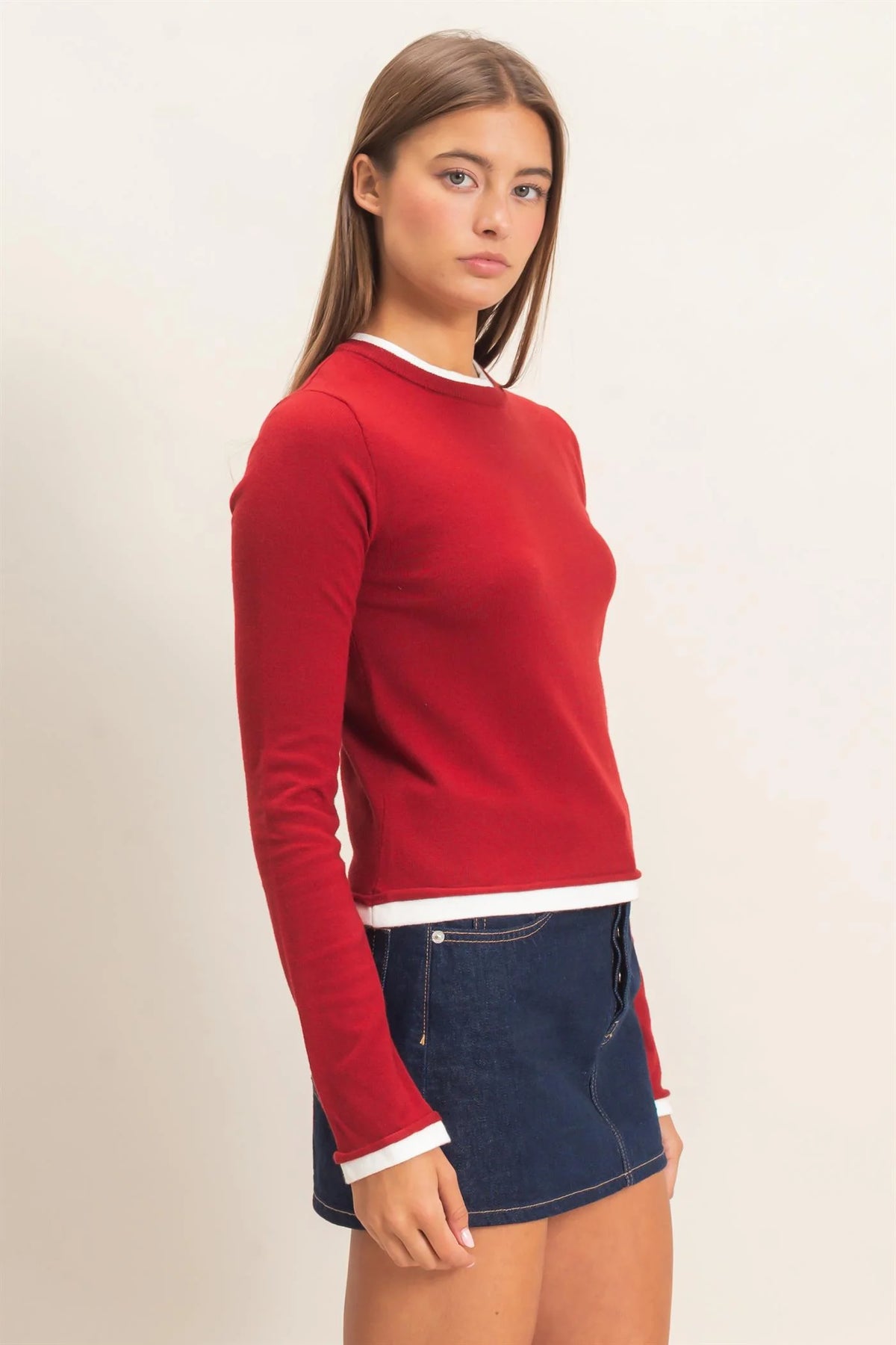 Crimson Classic Layer Effect Knit Top - Red
