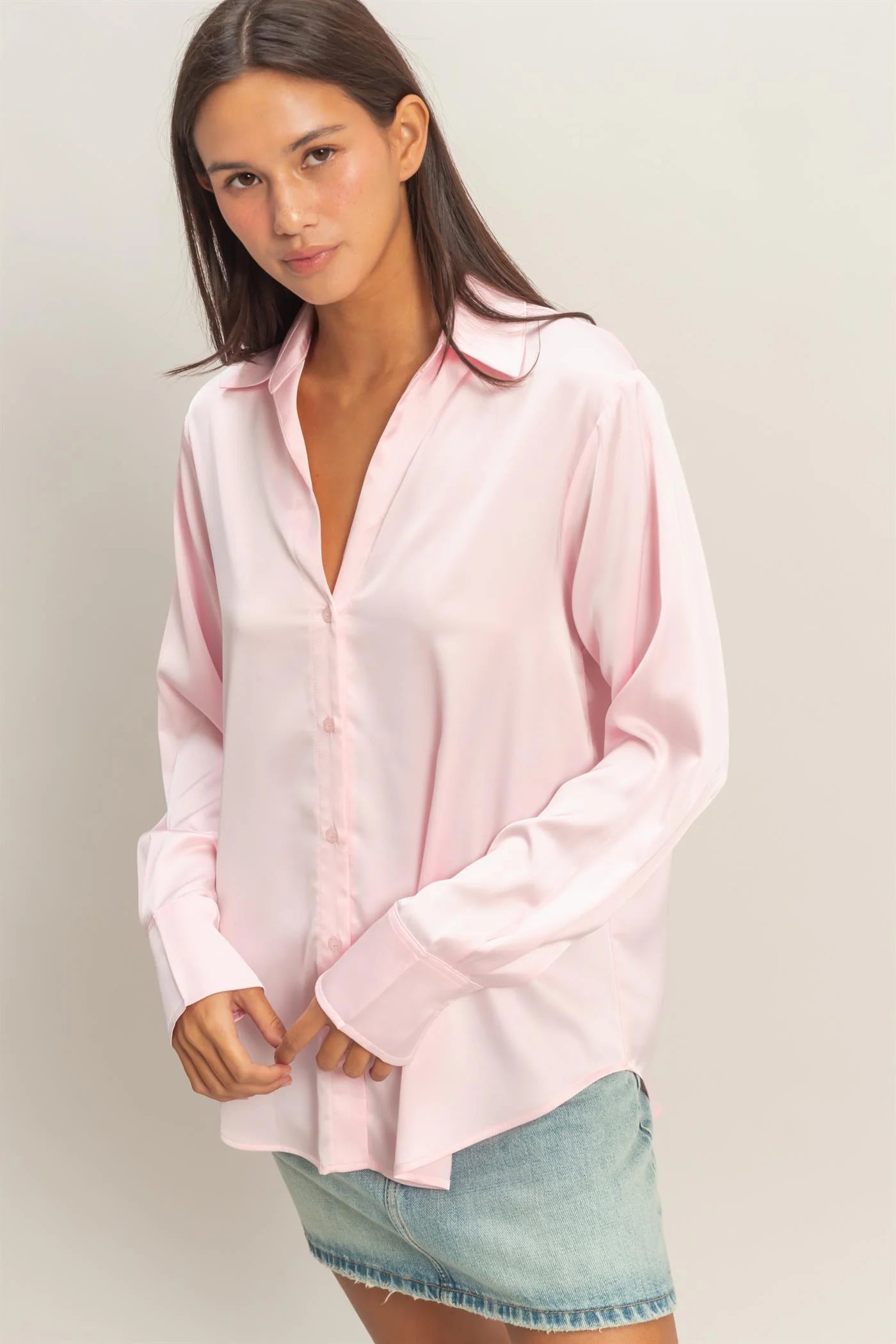 Soft Promise Satin Long Sleeve Button Up Top - Soft Pink