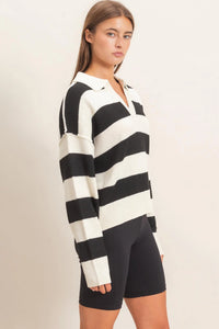 Varsity Collared Striped Knit Sweater Top - Cream/Black